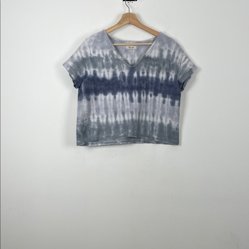 Madewell ottoman Jacquard V Neck Blue Gray Tie-Dye Womens S Boxy Crop Casual Top